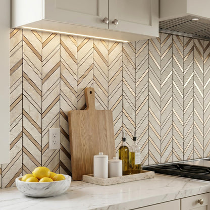 Yipscazo 10-Sheet Herringbone Backsplash Peel and Stick Tile, Polished White PVC Stick on Backsplash for Kitchen, Waterproof Self Adhesive Wall Tile for Bathroom
