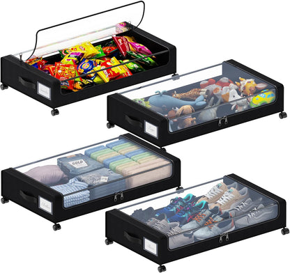 Tututry Under Bed Storage with Wheels, XXL 60L Under the Bed Storage Bins, Underbed Storage Containers with Lids & Label, Rolling Metal Drawer for Shoes, Clothes, Books, Toys (2-Pack Gray)