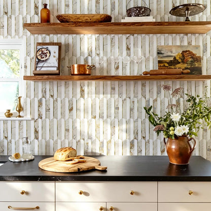 Vamos Peel and Stick Backsplash Seamless Tile for Kitchen and Bathroom,White and Beige Slate PVC Mixed Light Gold Self Adhesive Fish Scale Metal Mosaic Tiles (10 Sheets)