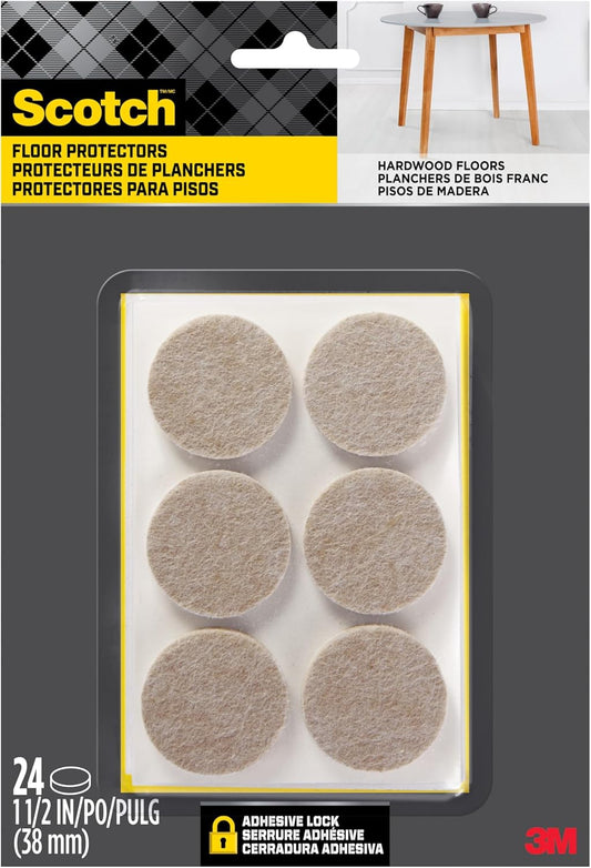 Scotch Felt Pads, Felt Furniture Pads for Protecting Hardwood Floors, Round, 1.5 in. Diameter, Beige, 24 Pads