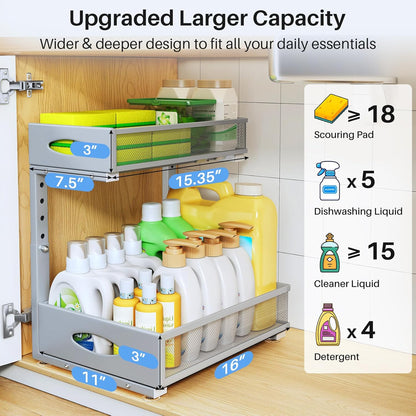 Under Sink Organizer, 2 Pack 2 Tier Pull Out Under Cabinet Organizer Shelf with Pad for Framed Cabinets, Metal Slide Out Under Sink Storage, Mesh Sliding Drawers for Kitchen Bathroom Laundry, Black