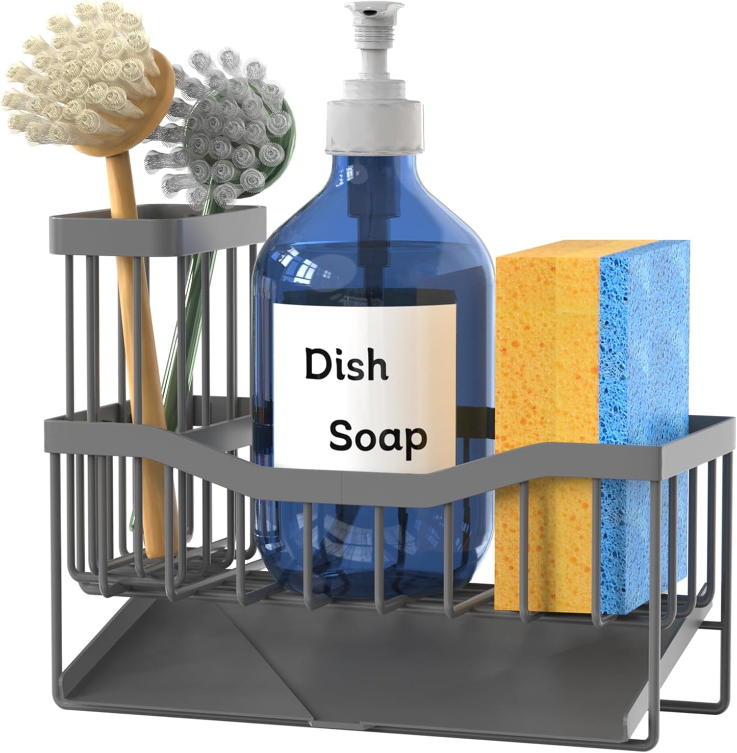 Maifan Sink Caddy Sponge Holder for Kitchen with Brush Holder and Stainless Steel Self Drain Tray, Rustproof Kitchen Sink Organizer for Sponge, Soap Dispenser Storage Accessories (Lacquer Silver)