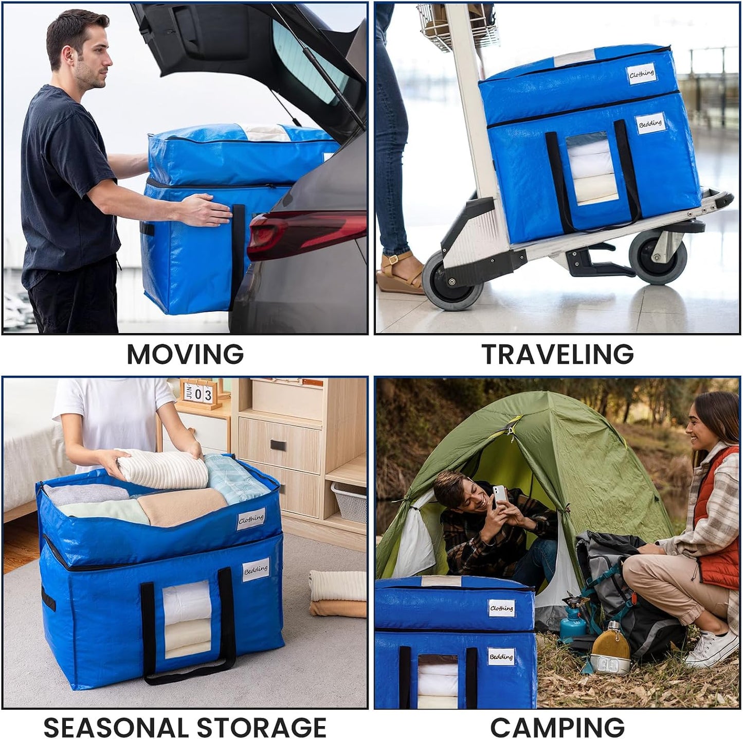 TAILI Extra Large Moving Bags, 4 Pack Blue Heavy Duty Totes For Storage with Visible Window, Wrap Around Handles, Storage Bags for Space Saving, Alternative to Moving Boxes