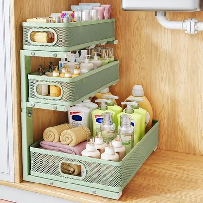 Under Sink Organizer, 2-Pack 3-Tier Thickened Metal Pull out Cabinet Organizer Shelf, Height Adjustable Slide out Storage Drawer Rack for Kitchen Bathroom Pantry Laundry Home Office Organization
