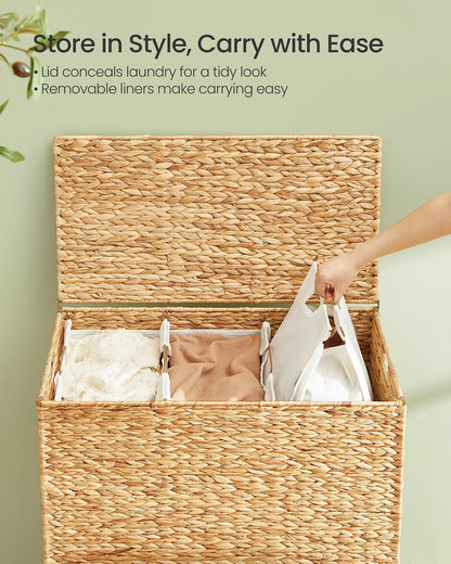 SONGMICS Laundry Hamper 3 Sections, 47.5 Gal. (180 L) Handwoven Water Hyacinth Wicker Laundry Basket with Lid, Natural Material, Removable Machine Washable Liners, Handles, Natural ULCB203Y01