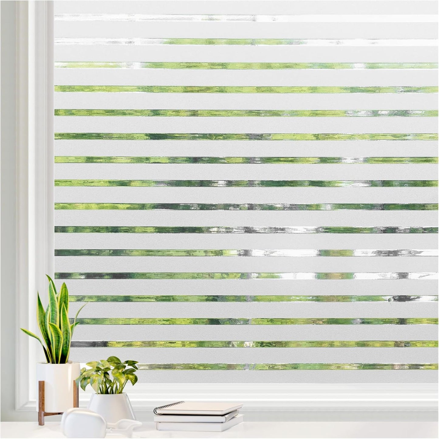 rabbitgoo Window Privacy Film, Frosted Glass Privacy Film, Window Frosting Cling for Glass, Non Adhesive Static Cling Front Door Covring, Anti-UV Reeded Blinds Sticker, Striped Pattern, 17.5" x 78.7"