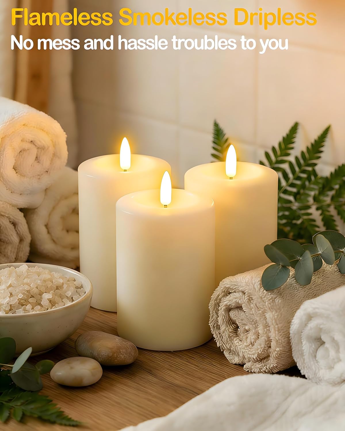 Gmnee 3"x4" Flickering Flameless Candles with Remote Timer, Real Wax, Ivory Pillar Candles, Set of 3 Fake LED Battery Operated Candles for Home, Fireplace, Centerpiece, Rustic and Farmhouse Decor