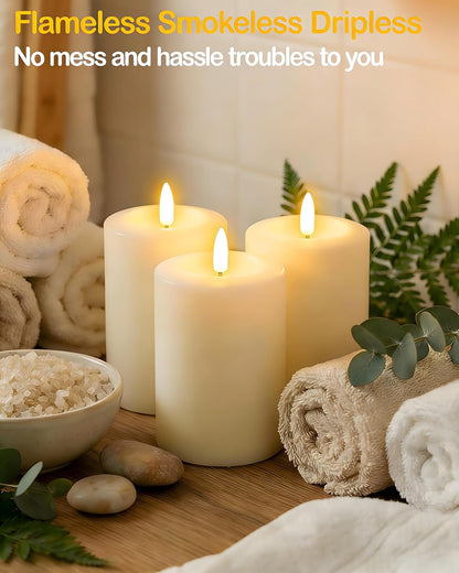 Gmnee 3"x4" Flickering Flameless Candles with Remote Timer, Real Wax, Ivory Pillar Candles, Set of 3 Fake LED Battery Operated Candles for Home, Fireplace, Centerpiece, Rustic and Farmhouse Decor