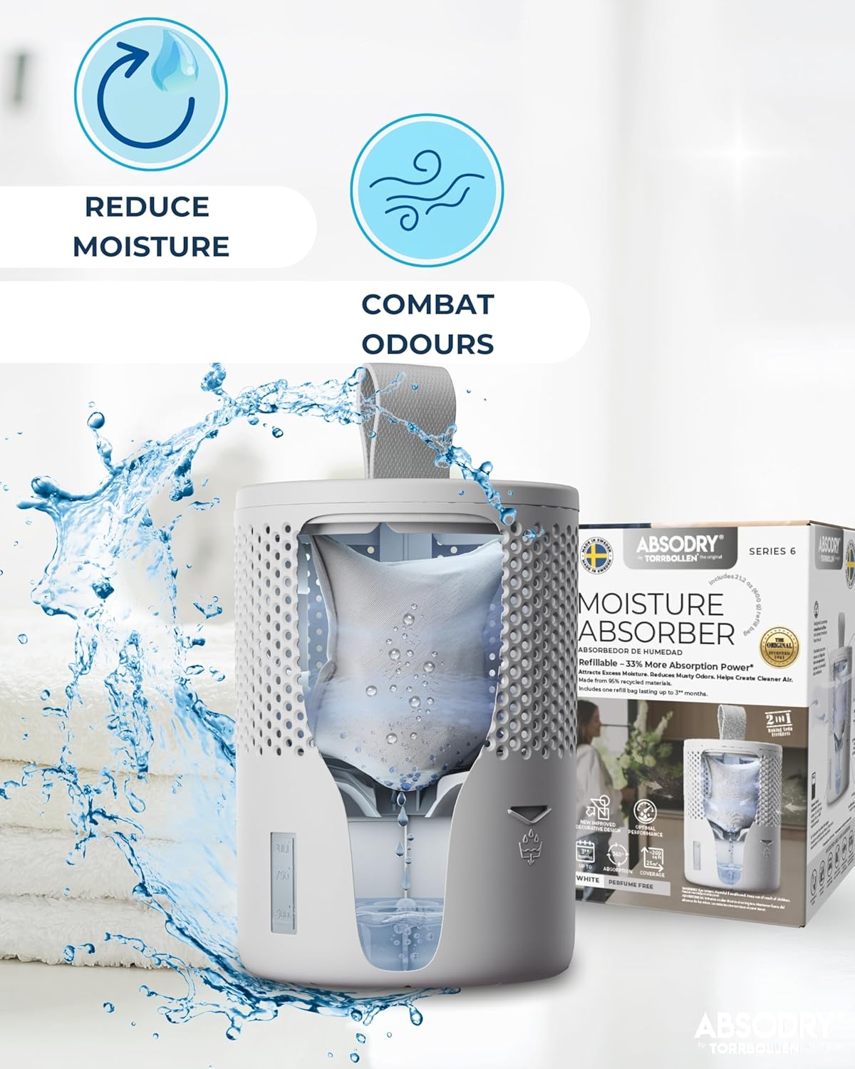 Absodry by Torrbollen Moisture Absorber 1.3lb Bag — Dehumidifier for Bedroom, Electricity & Battery Free Dehumidifiers for Home, Air Freshener and Purifier for Home Up to 90 Days, 269 ft² (White)