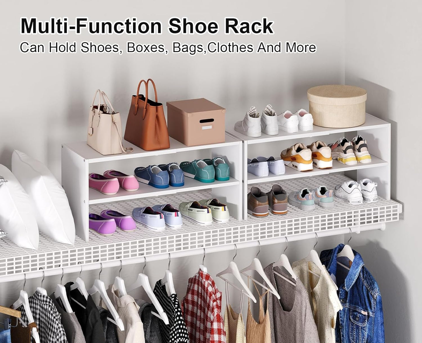 White Shoe Rack Organizer for Closet, 2-Tier Expandable Shoe Shelf, Stackable Iron Wood Combination Small Shoe Racks Shelves for Closets, Entryway,Small Space,Hallway,Bedroom,Bathroom,6-12 Pairs