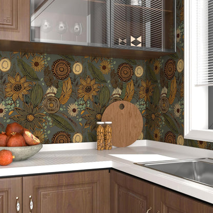 Blue Wallpaper Peel and Stick,Vintage Boho Floral Contact Paper 17.5" x 118", Retro Botanical Flower Wall Paper Self Adhesive Removable Waterproof for Walls Shelves Cabinet Table (Blue,Yellow, Green)