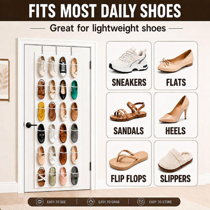 Over the Door Shoe Organizer with 24 Crystal Clear Pockets and Metal Hooks – Heavy Duty Hanging Shoe Storage Rack for Closet, Bathroom, Dorm – Space Saving for Shoes, Accessories, Toys (White)