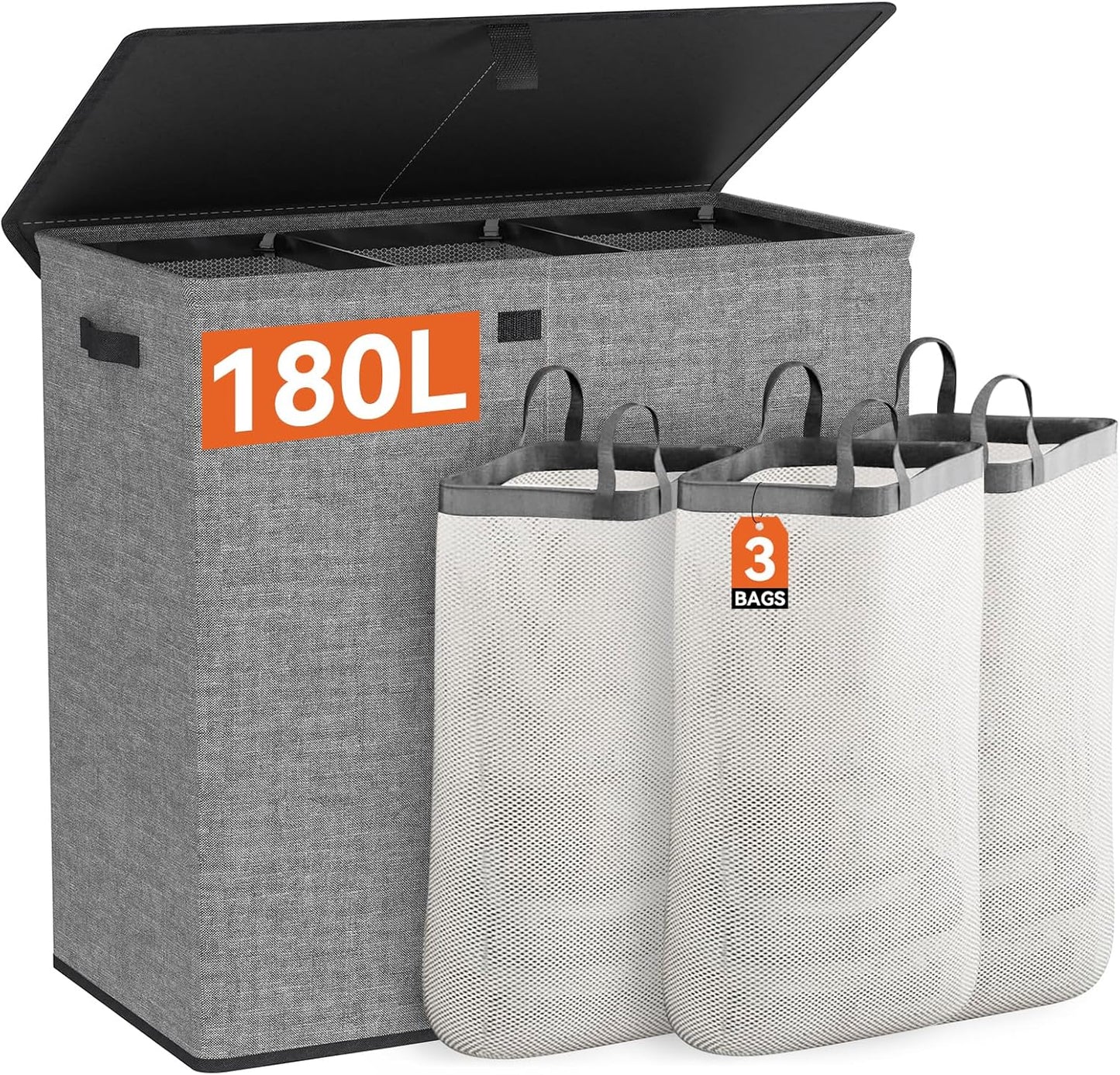WOWLIVE Laundry Hamper with Lid,160L Large Laundry Basket 3 Section with Removable Washing Bags,Collapsible Waterproof Dirty Clothes Hamper for Laundry Room Bathroom Dorm,Beige