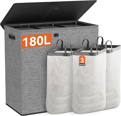 WOWLIVE Laundry Hamper with Lid,160L Large Laundry Basket 3 Section with Removable Washing Bags,Collapsible Waterproof Dirty Clothes Hamper for Laundry Room Bathroom Dorm,Beige