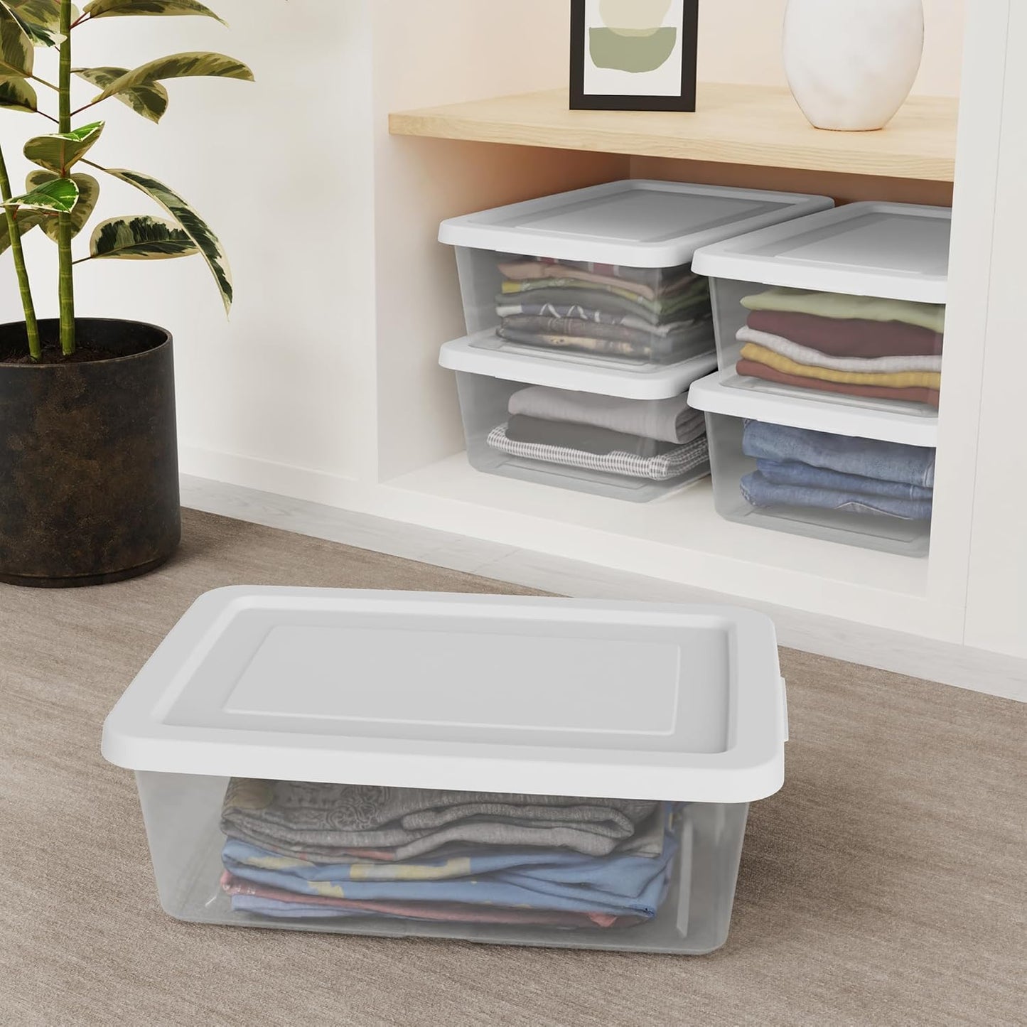 Sterilite 6 Pack Storage Box, 41 Quart Stackable Tote, Clear Plastic Container with Secure Snapping White Lids for Home and Office Organization