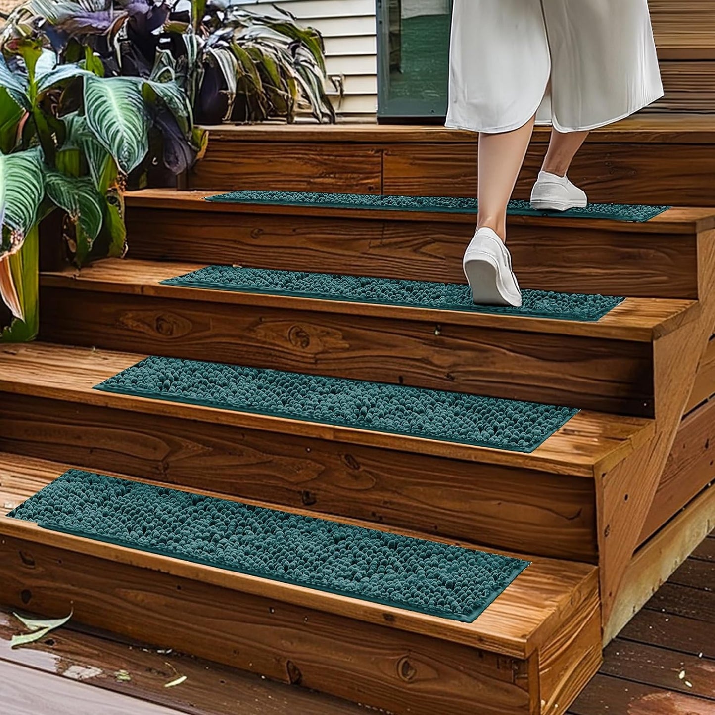 Muddy Mat® Pack of 4 - Soft Chenille Stair Treads Non-Slip Reusable, Super Absorbent Stair Treads for Wooden Steps, Tile & Marble Floor, Easy to Install & Machine Washable - Brown 30'' x 7''
