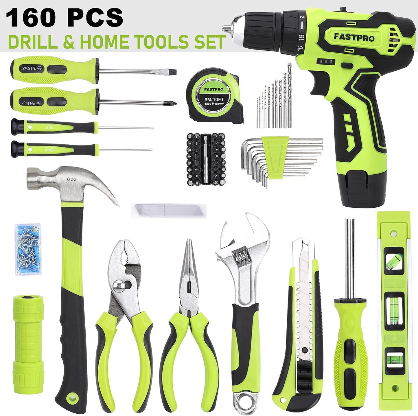 FASTPRO 160-Piece Home Tool kit with Drill, 12V Cordless Drill Driver and Household Repairing Tool Set with Storage Case, For DIY, Home Maintenance, Green