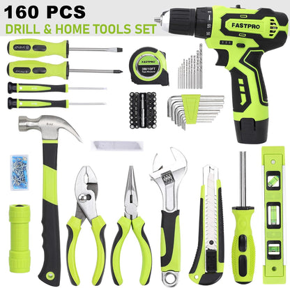 FASTPRO 160-Piece Home Tool kit with Drill, 12V Cordless Drill Driver and Household Repairing Tool Set with Storage Case, For DIY, Home Maintenance, Green