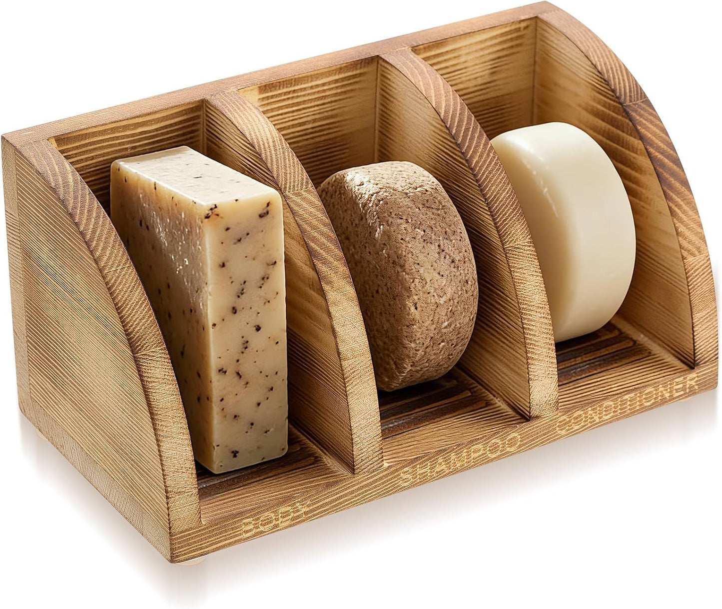 Wooden Shampoo Bar Holder Multi Bar Soap Dish with Self Draining, 3 Slot, Natural Wood Soap Holder for Shower Conditioner Bathroom Organizer, Extend Shampoo Life, Keep Dry Neat