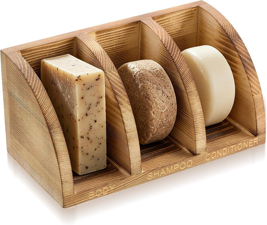Wooden Shampoo Bar Holder Multi Bar Soap Dish with Self Draining, 3 Slot, Natural Wood Soap Holder for Shower Conditioner Bathroom Organizer, Extend Shampoo Life, Keep Dry Neat