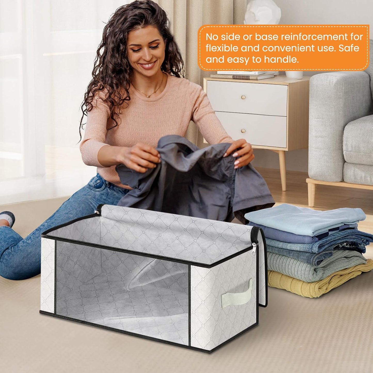 Fab totes 6 Pack Storage Bags for Clothes and Blanket, Foldable Closet Organizers and Storage with Zippers, Clear Window and Handles, Fabric Storage Bins for Sweater, Comforter, Bedding,Linen Sheets