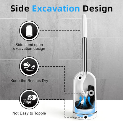 Toilet Brush and Holder Set, Curved Toilet Brush with Stainless Steel Handle, Under Rim Toilet Bowl Brush for Deep Cleaning, Drip-Proof, White