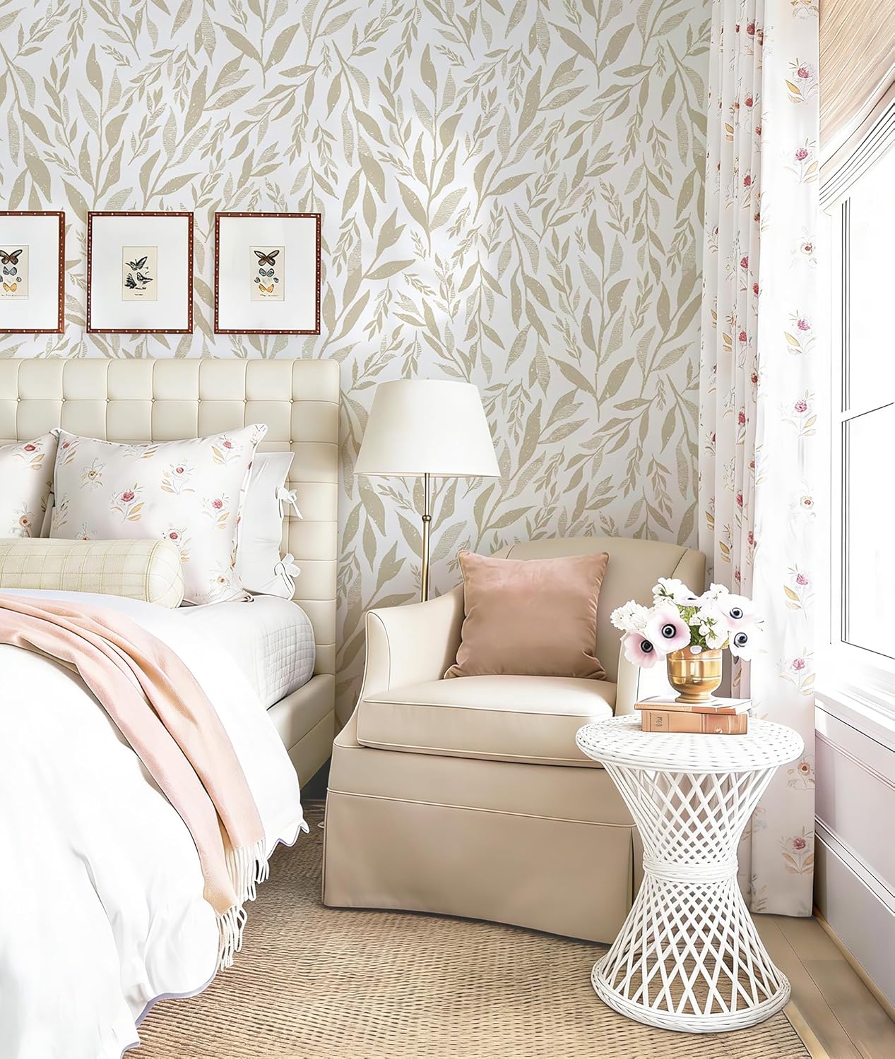 Safiyya Peel and Stick Wallpaper Boho Modern Beige Leaf Contact Paper Peel and Stick Wall Paper Self Adhesive Removable Wallpaper for Bedroom Bathroom Vinyl Roll 78.7"x17.3"