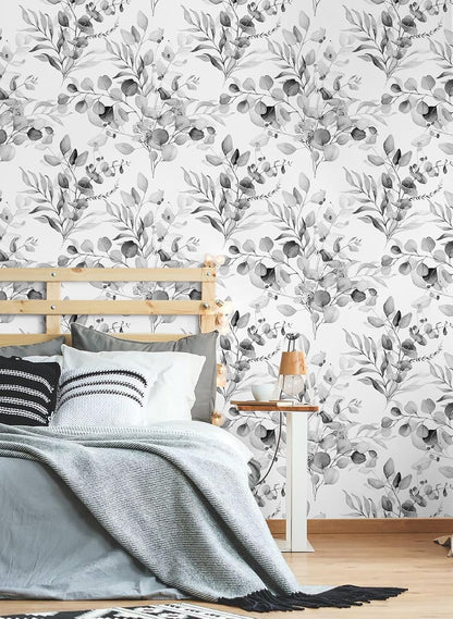 HAOKHOME Peel and Stick Wallpaper Boho Green/White Botanical Leaf Floral Wall Mural Home Nursery Decor Renter Friendly Wallpaper 17.3in x 9.8ft