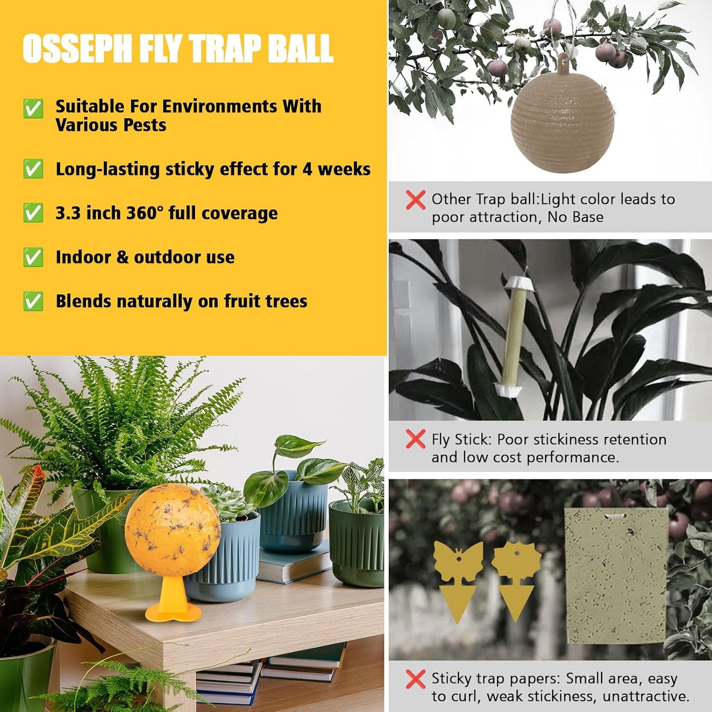 Upgraded Sticky Hanging Ball with Base, osseph Sticky Fruit Fly Trap Balls | Physical Odorless Insect Catcher with 360°, Waterproof Hanging Bug Traps for Indoor Outdoor Garden Fruit Trees (Yellow)