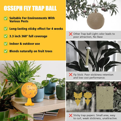 Upgraded Sticky Hanging Ball with Base, osseph Sticky Fruit Fly Trap Balls | Physical Odorless Insect Catcher with 360°, Waterproof Hanging Bug Traps for Indoor Outdoor Garden Fruit Trees (Yellow)