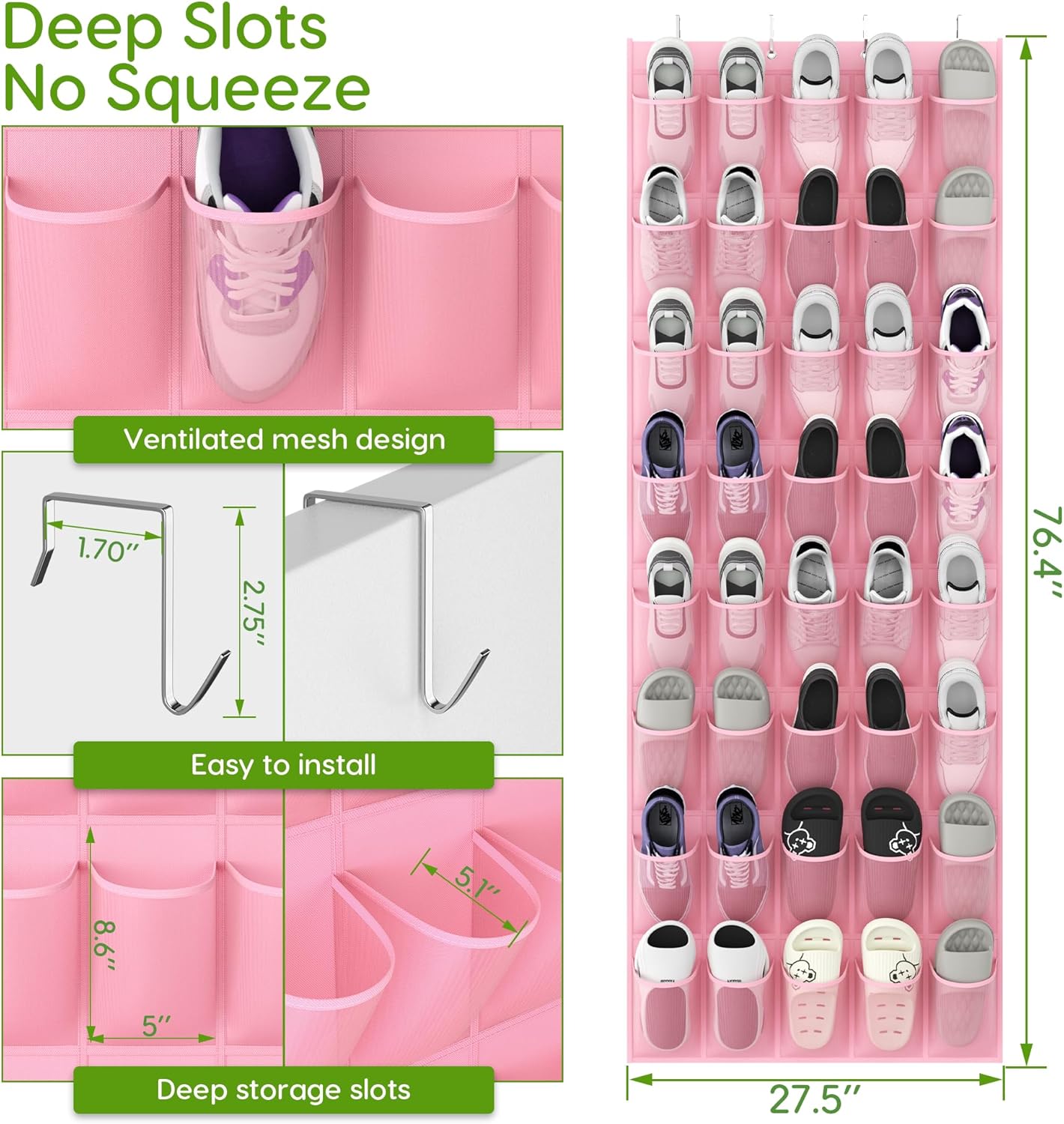 Over the Door Shoe Organizer with 40 Large Breathable Mesh Pockets, Space Saving Shoe Holder, Hanging Shoe Rack for Entryway Bedroom Closet Storage (White, 40 Pockets)