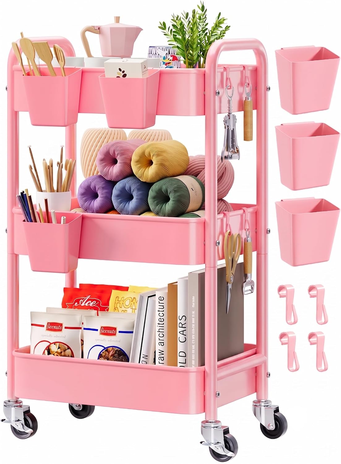 2 Tier Small Rolling Cart Metal with Wheels, White Under Desk Storage Cart on Wheels, Short Utility Roller Caddy Carts Organizer for Art,Craft,Pantry,Bathroom, Two Tiered Shelf Trolley,22 Inches Tall