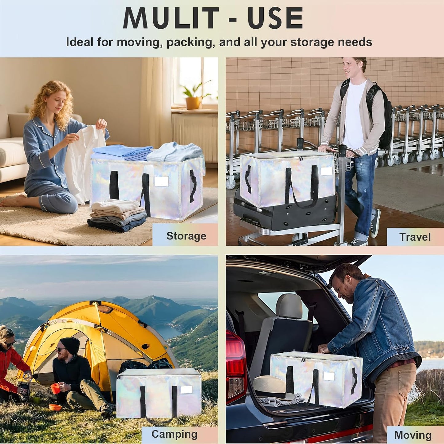 8 Pack-Extra Large Heavy Duty Moving Bags - Waterproof Storage Totes with Handles & Zippers, Foldable for College Dorm, Storage (Clear)