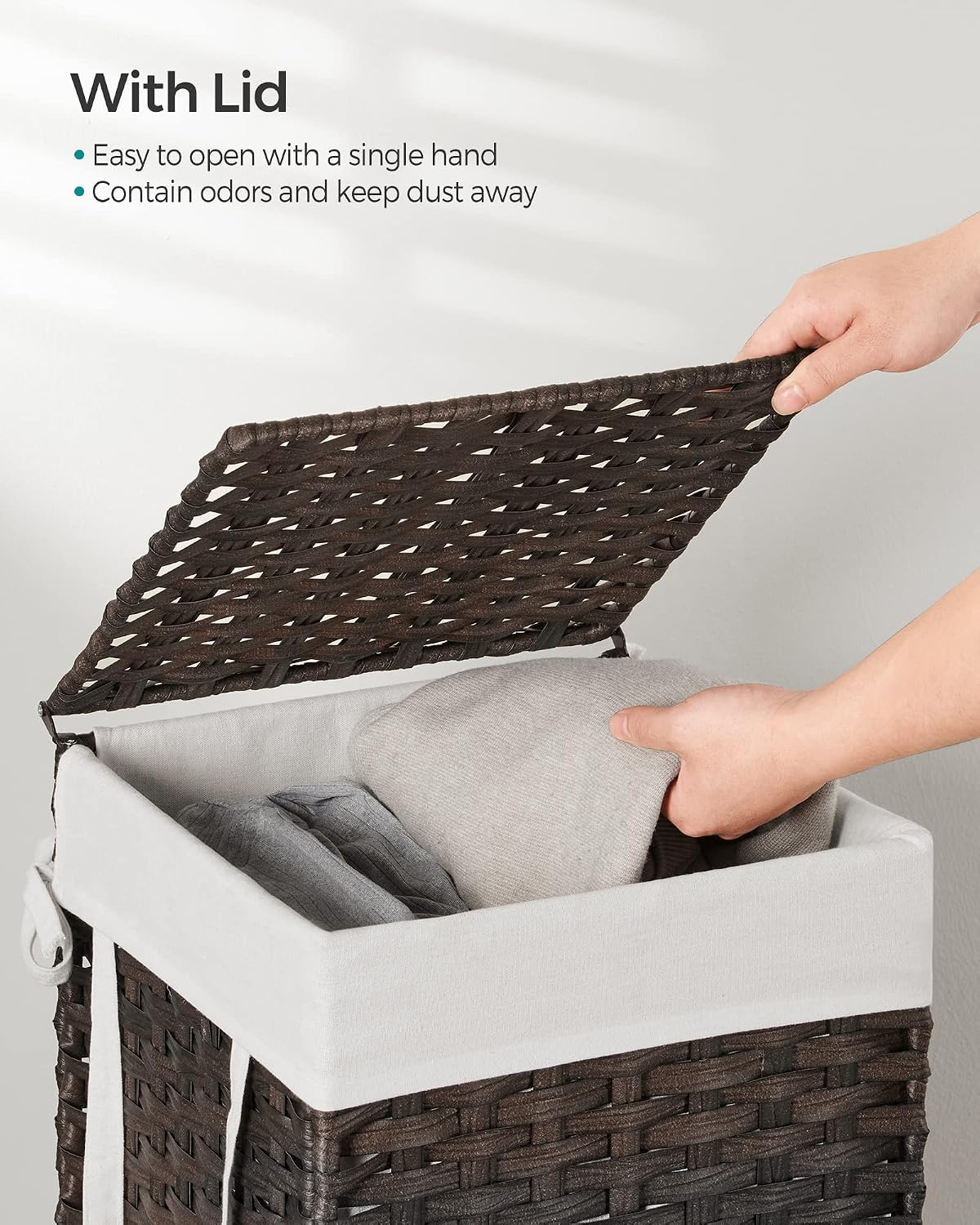SONGMICS Laundry Hamper with Lid, 23.8 Gallon (90 L) Synthetic Rattan Clothes Laundry Basket with Lid and Handles, Foldable, Removable Liner, Chestnut Brown ULCB051K02