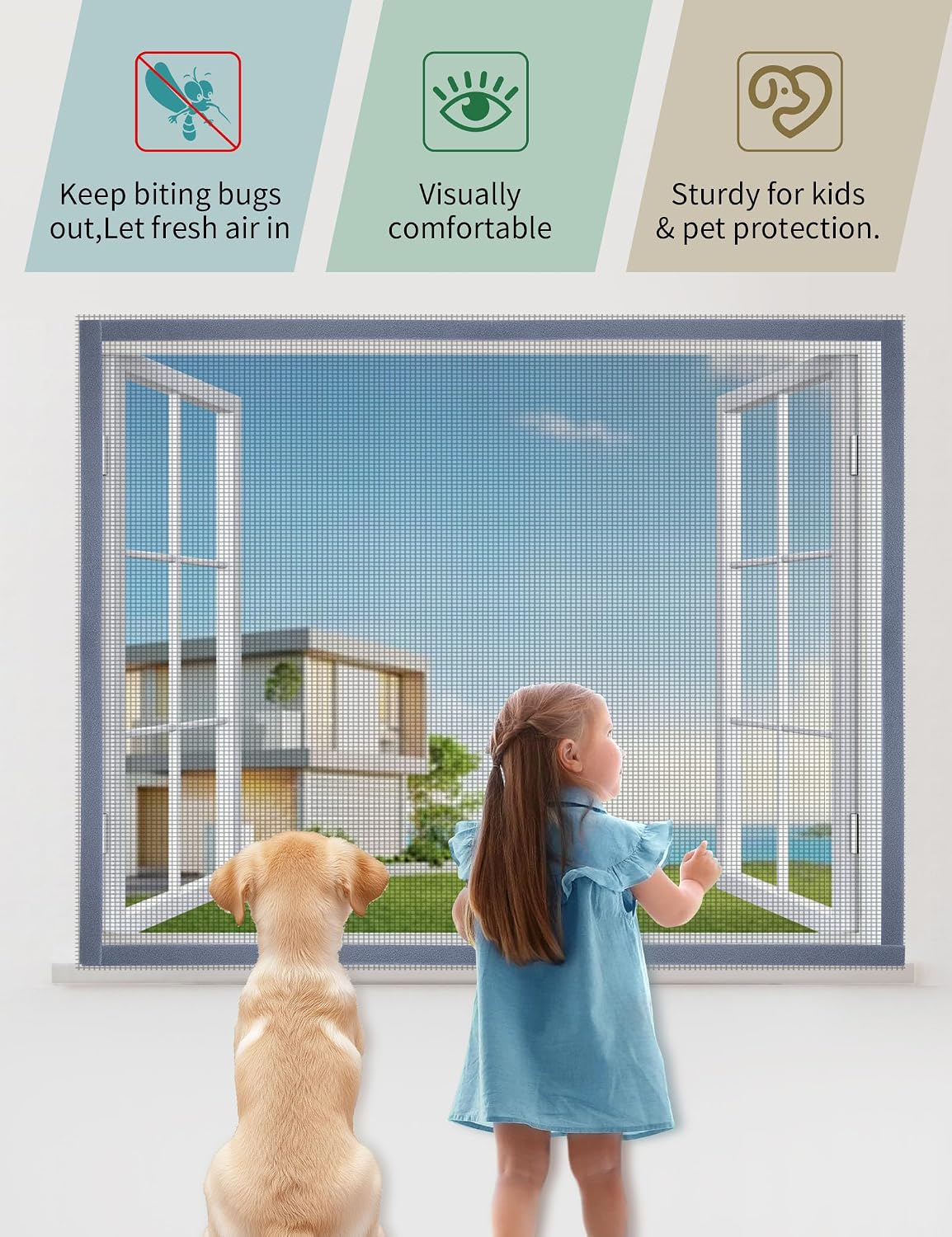 Homealexa DIY Window Screen Kit, Max 51"x 59" Adjustable Mosquito Mesh with Reinforced Edge, Thick Self-Adhesive Temporary Nylon Window Screens Replacement