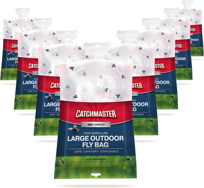 Catchmaster Reusable Outdoor Fly Trap, 2 Hanging Blue Jars with Bait | Catches All Species of Fly, Fly Traps Outdoor w/ Food-based lure, Odor Attracts Flies Away From People, Refill & Reuse