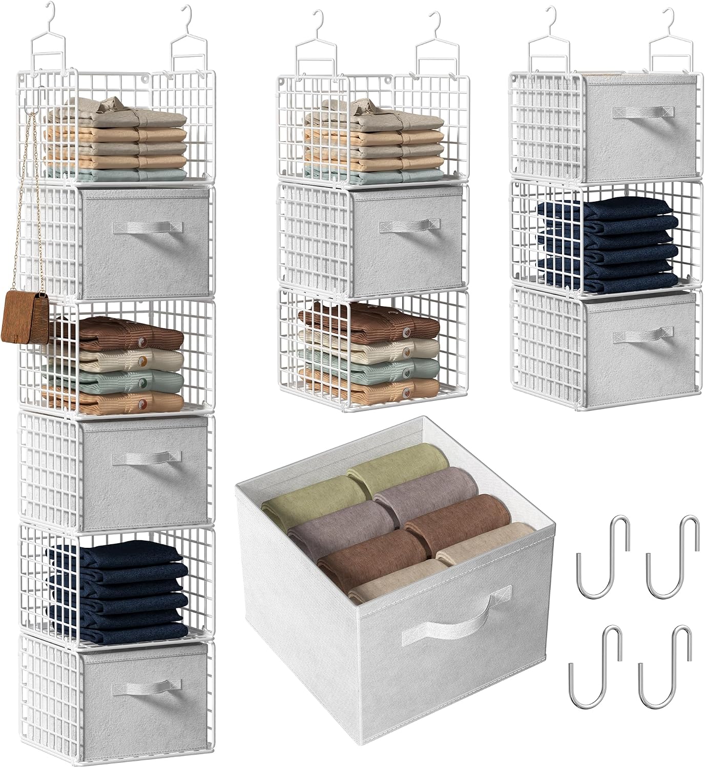 Hanging Closet Organizer, 4 Tier Metal Closet Organizers and Storage with 4 Hanging Hooks 4 S-Hooks for Wardrobe Laundry Room, Wire Storage Shelf for Clothes Sweaters Pants (White)