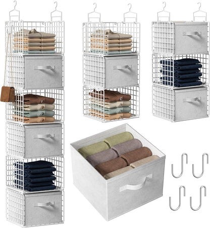 Hanging Closet Organizer, 4 Tier Metal Closet Organizers and Storage with 4 Hanging Hooks 4 S-Hooks for Wardrobe Laundry Room, Wire Storage Shelf for Clothes Sweaters Pants (White)