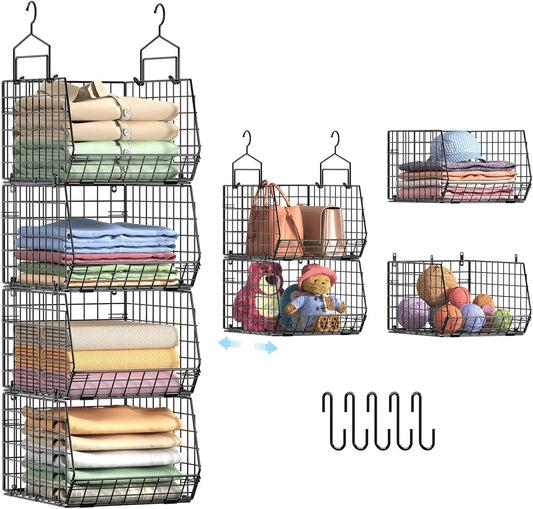 8-Tier Extended Depth Hanging Closet Organizers and Storage for Closet System, Stackable Closet Shelves with 4 Adjustable Dividers for Clothes Sweaters Purses, Wire Hanging Basket Fits Closet Laundry
