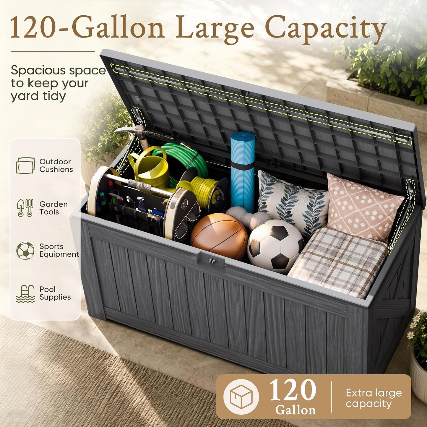 Devoko 120 Gallon Deck Box Resin Outdoor Storage Box Waterproof for Patio, Large Outdoor Storage Bench Lockable for Outside (Black)