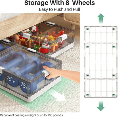 Kitstorack Clear Plastic Under Bed Storage Containers Bins with Lids and 8 Pre-installed Wheels,37.8 Qt, Rolling Foldable Flat Under Bed Organizer Boxes for Clothes Shoes Clothing Bedroom
