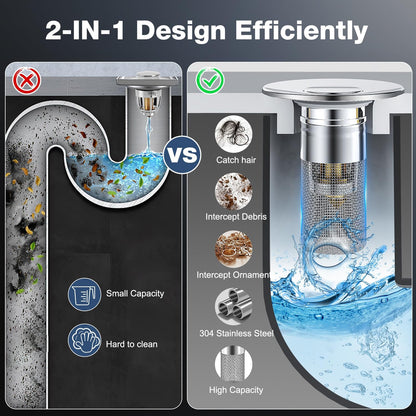 2PCS Bathroom Sink Drain Strainer,Pop Up Sink Drain Stopper Hair Catcher with Removable Stainless Steel Floor Drain Filter Basket,Universal Drain Plug Filter Replacement Bathroom Shower Sink Stopper