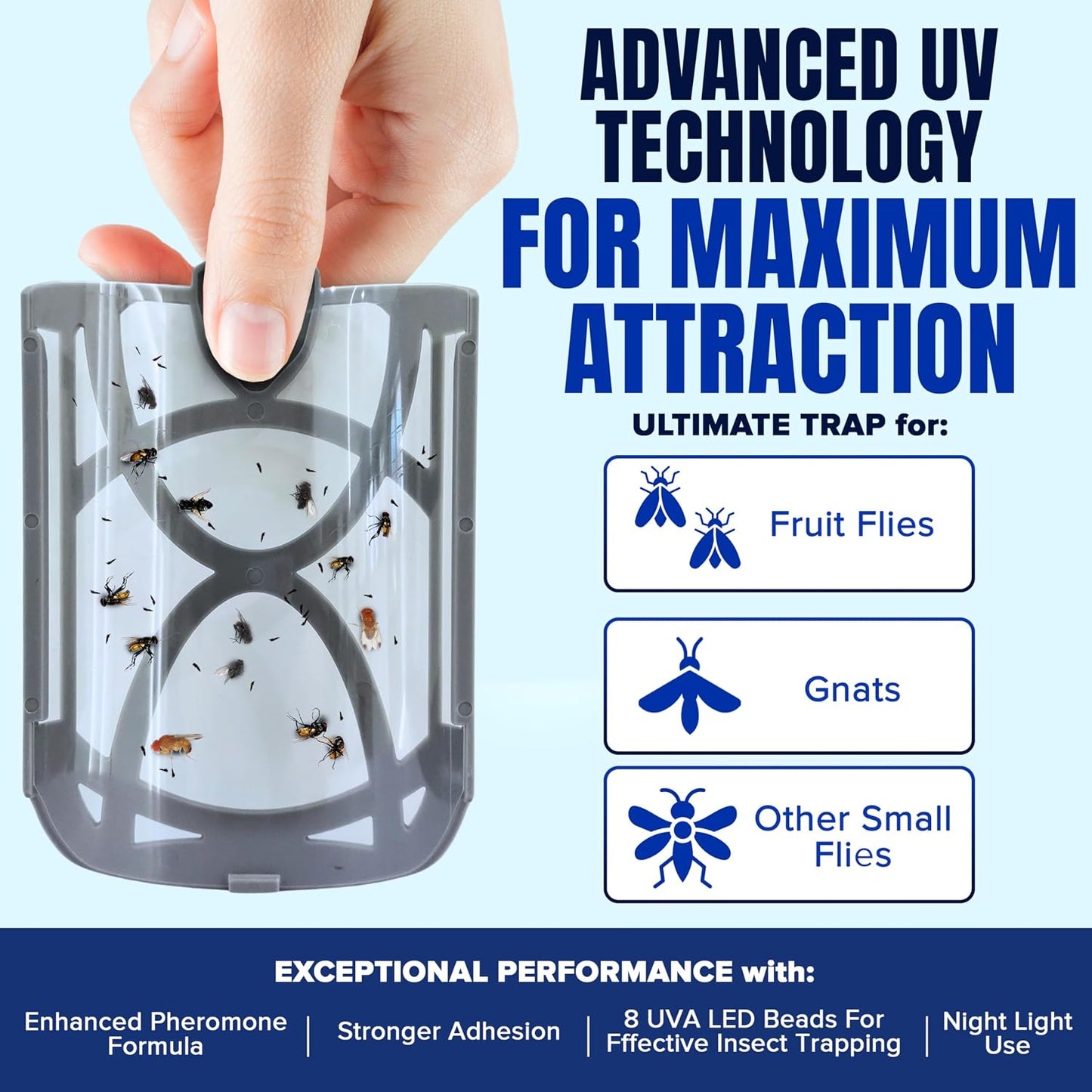 2 Fruit Fly Traps & 10 Adhesive Cartridges, Indoor Plug-in Bug Catcher, UV Light Fly Trap Captures Fruit Flies, Gnats, Houseflies, Moths, and Flying Insects for Kitchen, Bathroom, Plant Areas