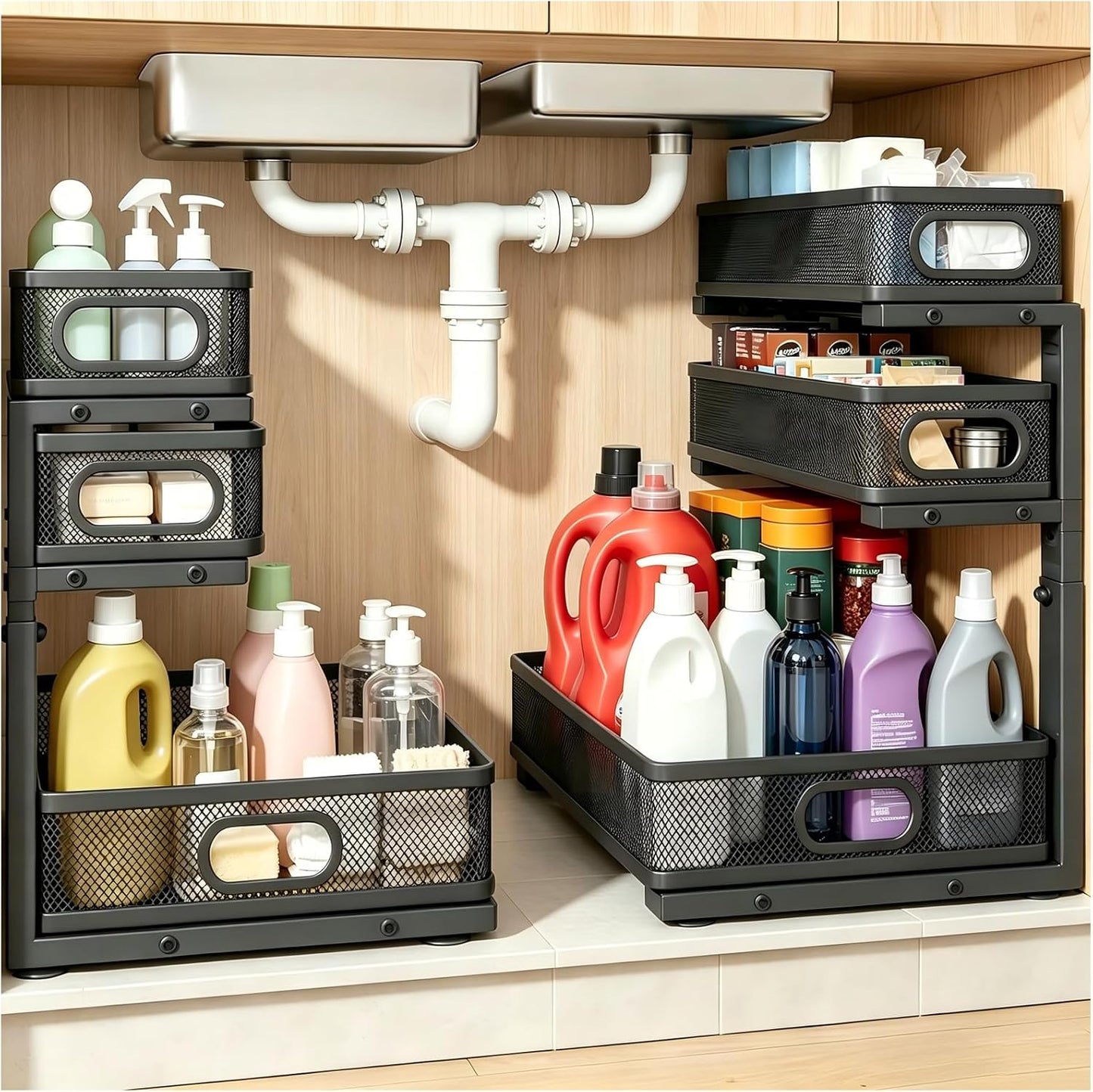 2 Pack Under Sink Organizer, 3-Tier Pull Out Kitchen Cabinet Organizer with 5 Adjustable Heights Metal Slide Out Bathroom Storage Makeup Drawer Rack for Bedroom Office Pantry Home Organization, White