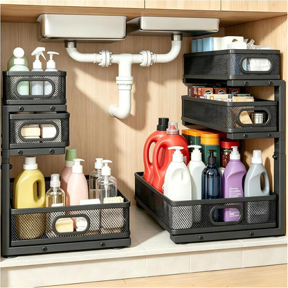 2 Pack Under Sink Organizer, 3-Tier Pull Out Kitchen Cabinet Organizer with 5 Adjustable Heights Metal Slide Out Bathroom Storage Makeup Drawer Rack for Bedroom Office Pantry Home Organization, White
