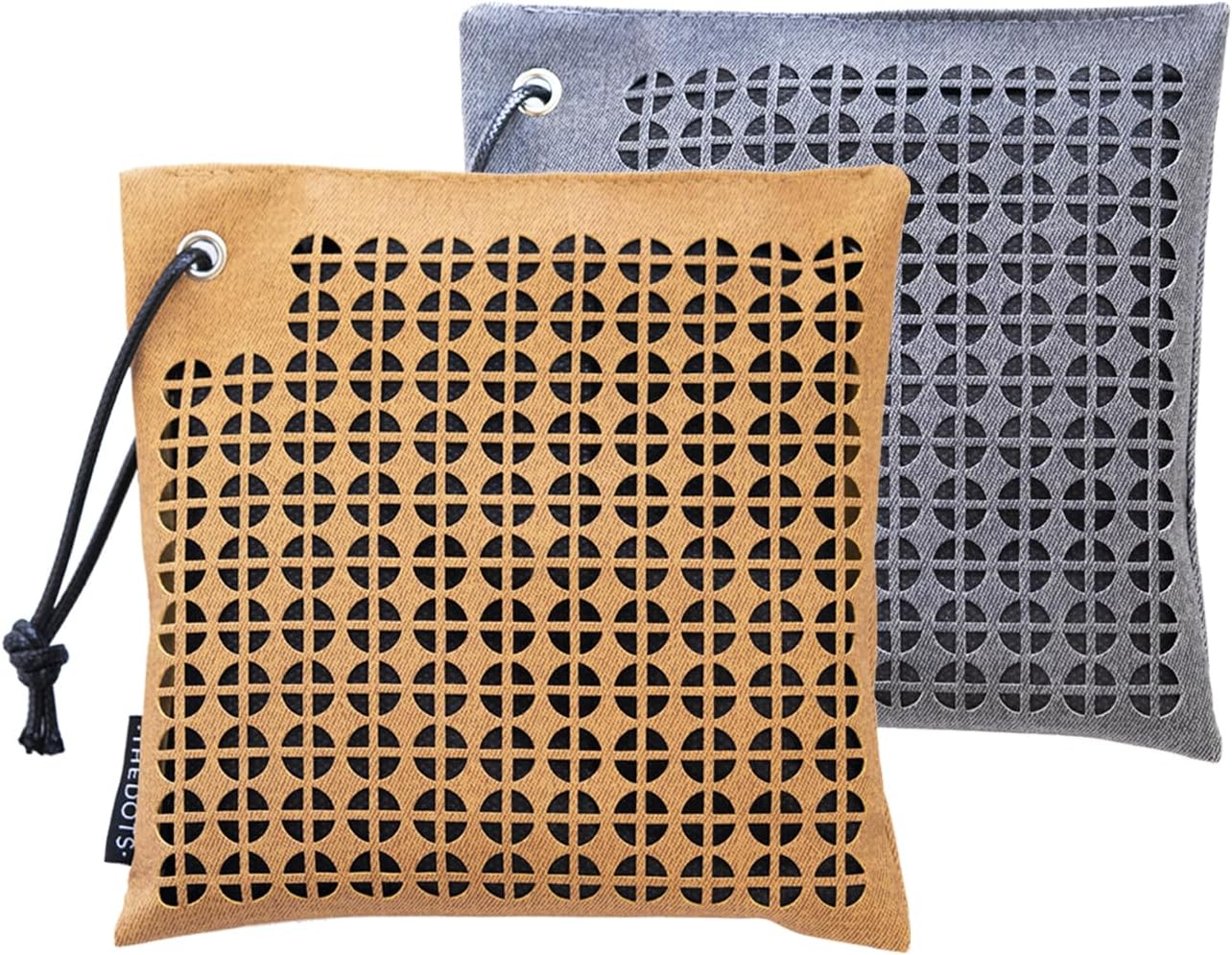 THEDOTS Leather Car Charcoal Odor Absorber, 2x500g, Brown & Grey | Sleek leather design, no messy charcoal dust, reusable up to 3 years, perfect odor eliminator for car, home & pets