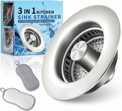 3-in-1 Kitchen Sink Drain Strainer - Pop Up Sink Stopper, Stainless Steel Sink Drain Strainer, Kitchen Sink Stopper & Drain Plug with Anti-Clogging Basket,Sink Strainer Fits US Standard 3-1/2'' Drains