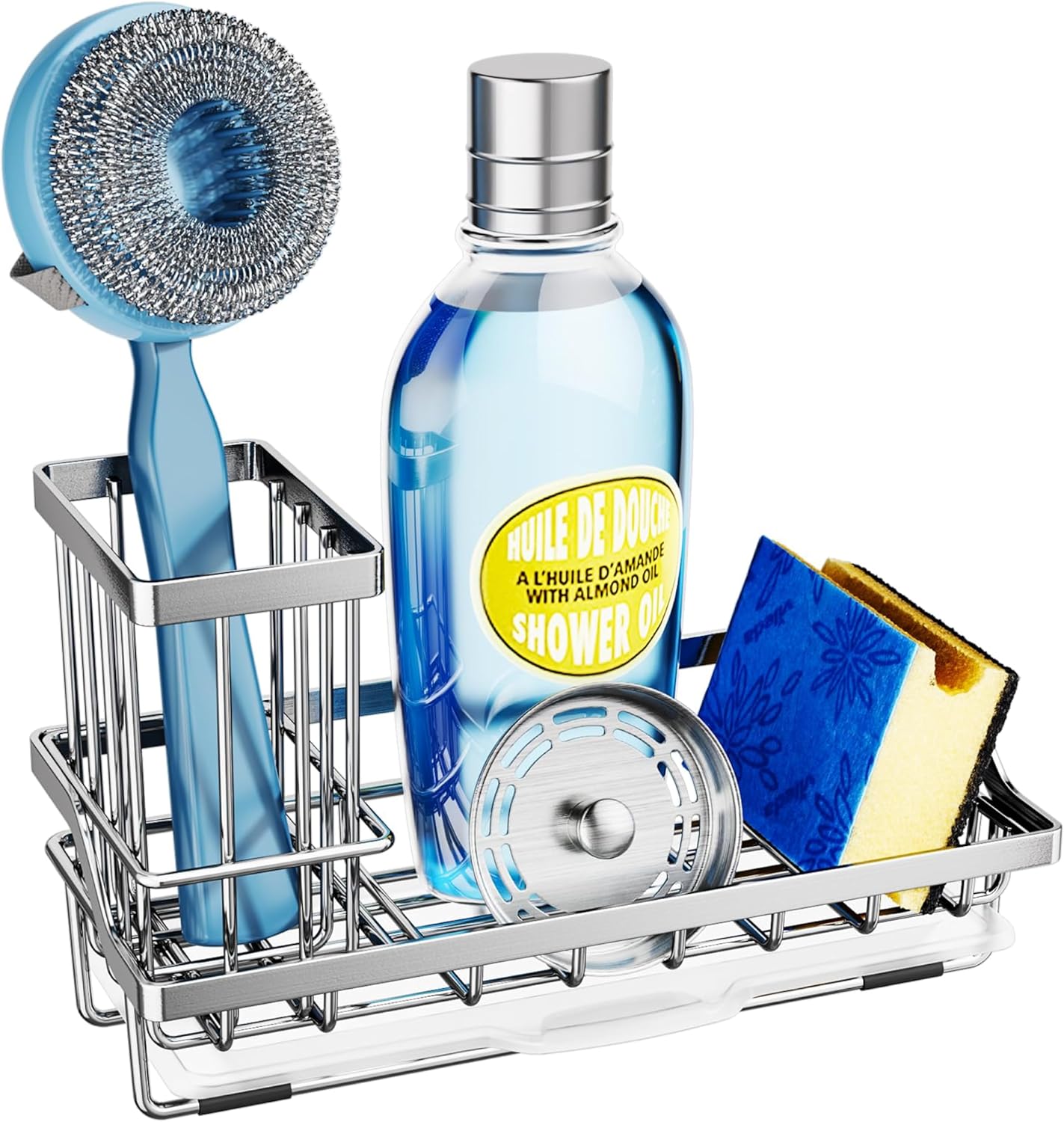 SWTYMIKI Sink Caddy Sponge Holder - Kitchen Sink Organizer with High Brush Holder for Countertop to Hold Dish Soaps and Sponges, Stainless Steel, Black