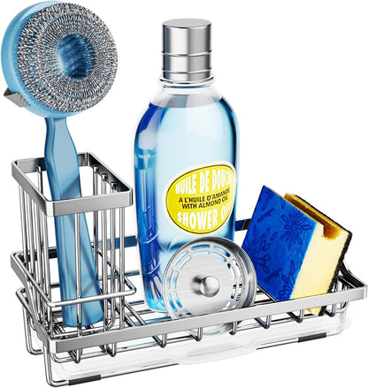 SWTYMIKI Sink Caddy Sponge Holder - Kitchen Sink Organizer with High Brush Holder for Countertop to Hold Dish Soaps and Sponges, Stainless Steel, Black