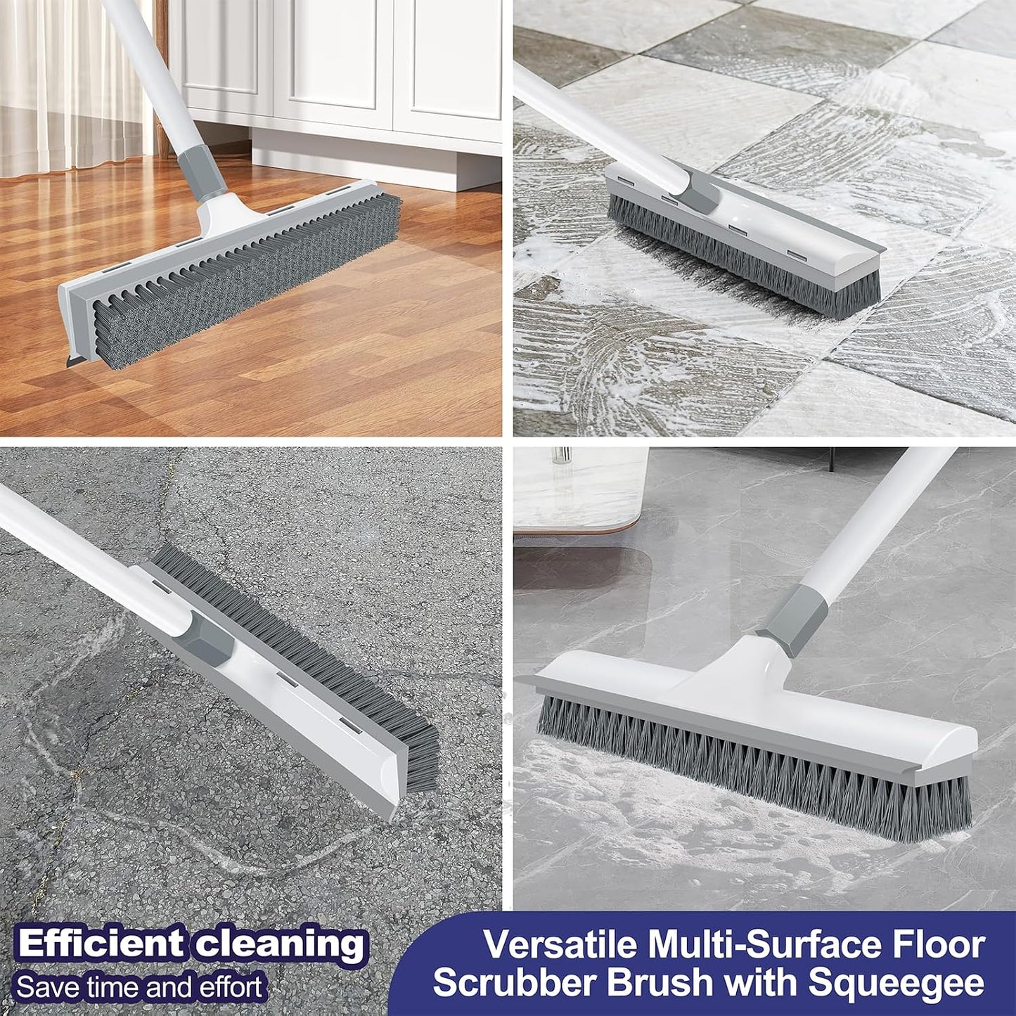 Yolaist 60 inch Long Handle Floor Scrub Brush, 2 in 1 Heavy Duty Hard Bristle Deck Scrubber & Squeegee for Tile, Wall, Concrete, Shower, Bathroom, Kitchen, Garage, Patio